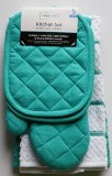 Teal Island Kitchen Towel Set 5 Piece- Pot Holders, Oven Mitt & 2 Terry Kitchen Towels