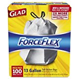 Glad 70427 ForceFlex Tall Kitchen Drawstring Bags, 13 gal, .90mil, 24x25 1/8 White (Box of 100)