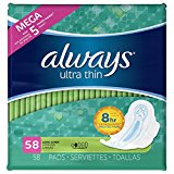 Always Ultra Thin Super Pads, With Wings, 58 Count