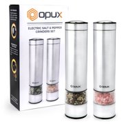OPUX Battery-Operated Salt and Pepper Grinder Set with LED Light | Electric Stainless Steel Salt Shaker, Tall Automatic Pepper Mill | Electronic, Adjustable Coarseness, Modern Design