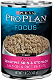 Purina Pro Plan Wet Dog Food, Focus,  Adult Sensitive Skin & Stomach Salmon & Rice Entrée, 13-Ounce Can, Pack of 12