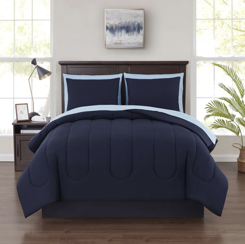 Mainstays 8 Piece Solid Bed-in-a-Bag Bedding Comforter Set, Queen, Navy