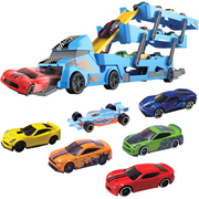 TOYLI Vehicle Playset Toy Car Hauler Carrier Truck with Track, Launcher, 6 Metal Die-Cast Vehicles, for Boys Girls Toddlers
