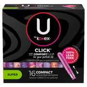 U by Kotex Click Compact Tampons, Super, Unscented, 16 Count