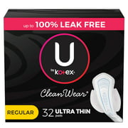 U by Kotex CleanWear Ultra Thin Feminine Pads with Wings, Regular, 32 Count