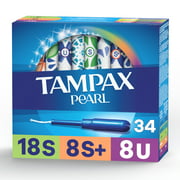 Tampax Pearl Tampons Trio Pack, Super/Super Plus/Ultra Absorbency with BPA-Free Plastic Applicator and LeakGuard Braid, Unscented, 34 Count
