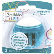 Scribble Stuff 2-Hole Pencil Sharpener with Eraser. Sharpens both regular and jumbo sizes pencils, comes with a built in eraser.