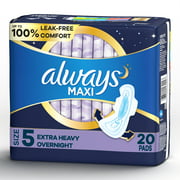 Always Maxi Pads Extra Heavy Overnight Absorbency with Wings, Size 5, 20 Ct