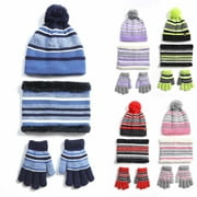 Dengjunhu Winter Kids Hat Scarf and Gloves 3Pcs Set for Boys and Girls Toddler Age 3-6, Striped Pompom Beanie Glove Neck Warmer