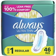 Always Ultra Thin Daytime Pads with Wings, Size 1, Regular, Unscented, 46 Ct