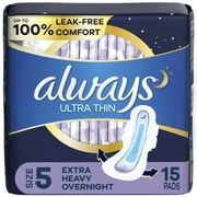 Always Ultra Thin Overnight Pads with Wings, Size 5, Extra Heavy Overnight Absorbency, 15 CT
