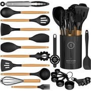 Silicone Cooking Utensils Set - Silicone Kitchen Utensils for Cooking Wooden Handles, 446Â°F Heat Resistant Kitchen Utensil Spatula Sets w Holder, Gadgets for Non-Stick Cookware BPA FREE (Black)