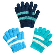 EvridWear Kids Warm Winter Gloves, Full Fingers, Fluffy Stripe Mitten for Little Boys & Girls, 3 Pairs, Blue Set, L/8-14Years