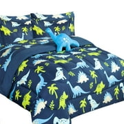 Kids bedding TWIN size comforter with matching sheet set and pillow plush toy super soft easy wash girl boy bed dÃ©cor dinosaur blue print design