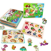 Ealing 6 Pack Wooden Peg Puzzles for Toddlers 3-8, Jigsaw Puzzles Set Gifts-Animals Farm Dinosaur Fruits Educational Learning Toys for Boys & Girls