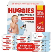Huggies Simply Clean Unscented Baby Wipes, 12 Flip-Top Packs, 864 Total Count (Select for More)